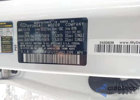 2015 Hyundai Santa Fe Limited z USA, uszkodzony, nr VIN KM8SR4HF6FU121482